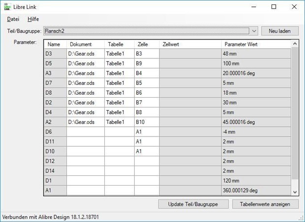 Libre Link für Alibre Design und Libre Office für Einzelteile und ganze Baugruppen