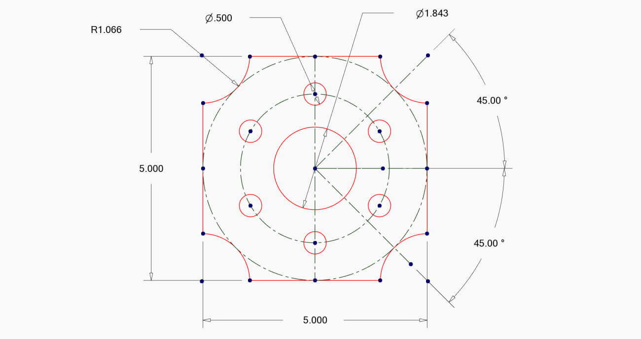 Eine Skizze mit Linien, Bögen, Kreisen und grünen Referenzfelementen, die bei der Positionierung helfen.