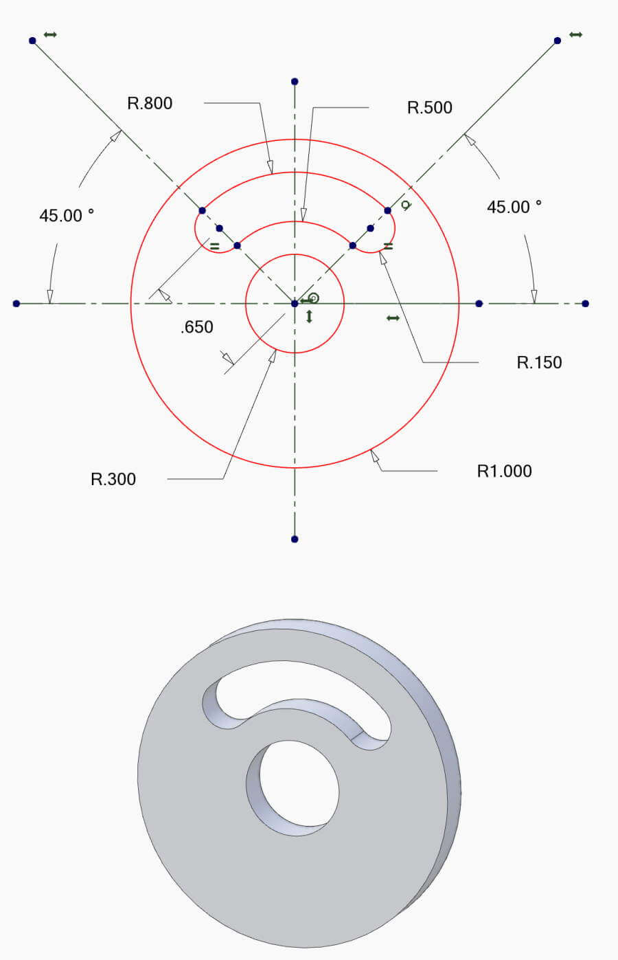 Ein Beispiel für eine 2D-Skizze und das daraus resultierende 3D-Modell.