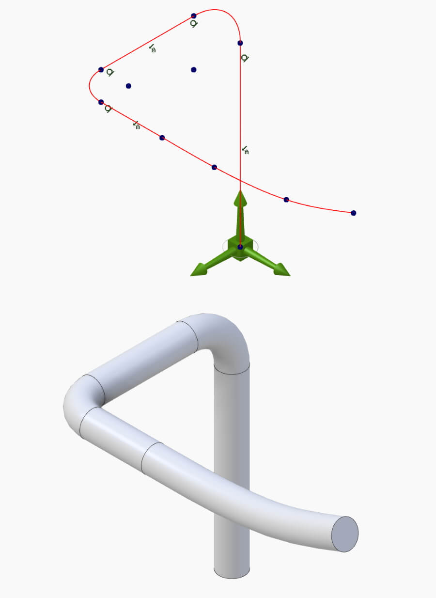 Ein Beispiel für eine 3D-Skizze und das daraus resultierende 3D-Modell.