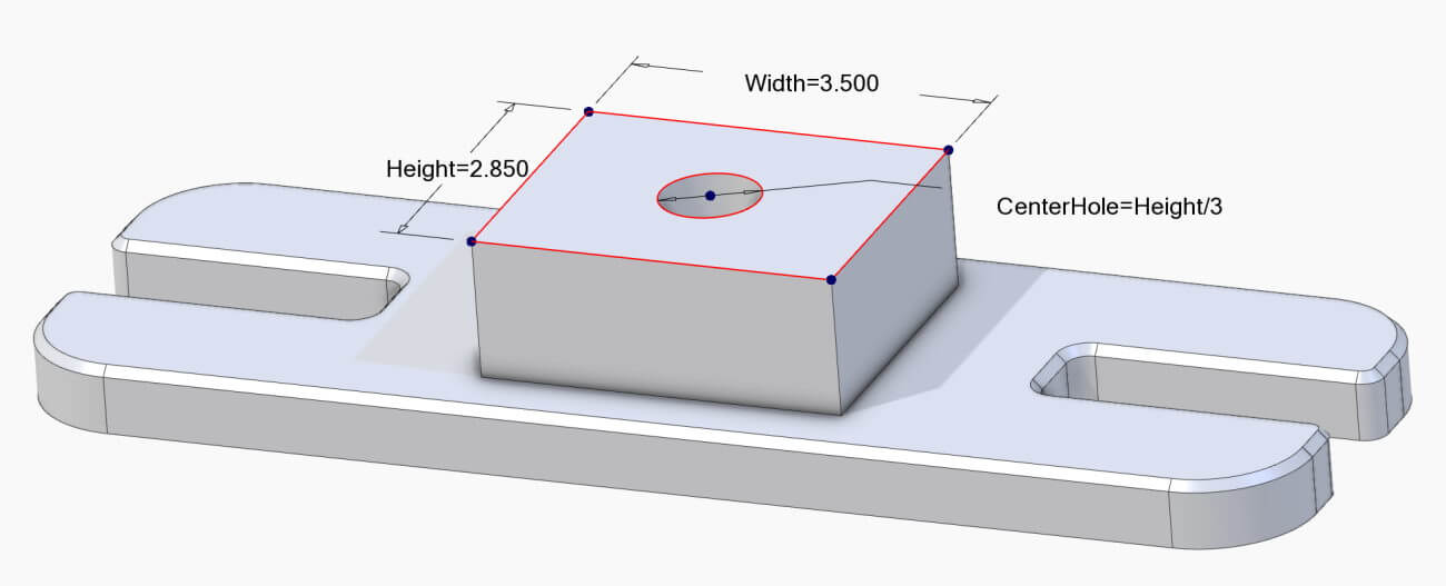 Ein Beispiel für eine Skizze, die Parameter und Gleichungen zur Steuerung der Geometrie verwendet.