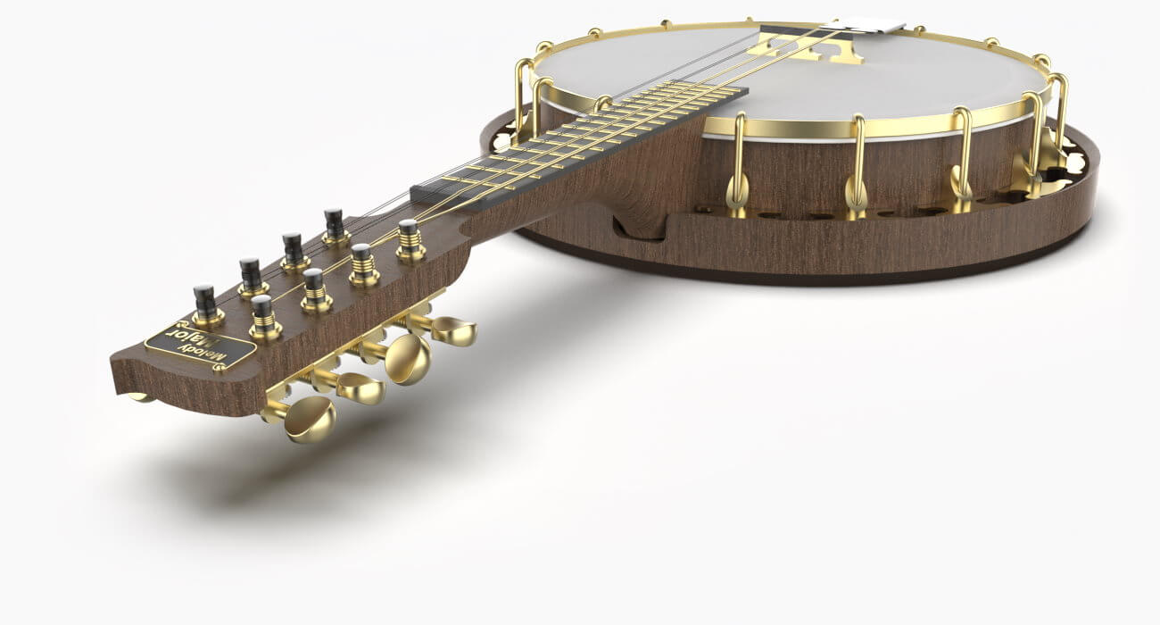 Rendering eines Banjos aus Holz, Metall und durchscheinenden Materialien.