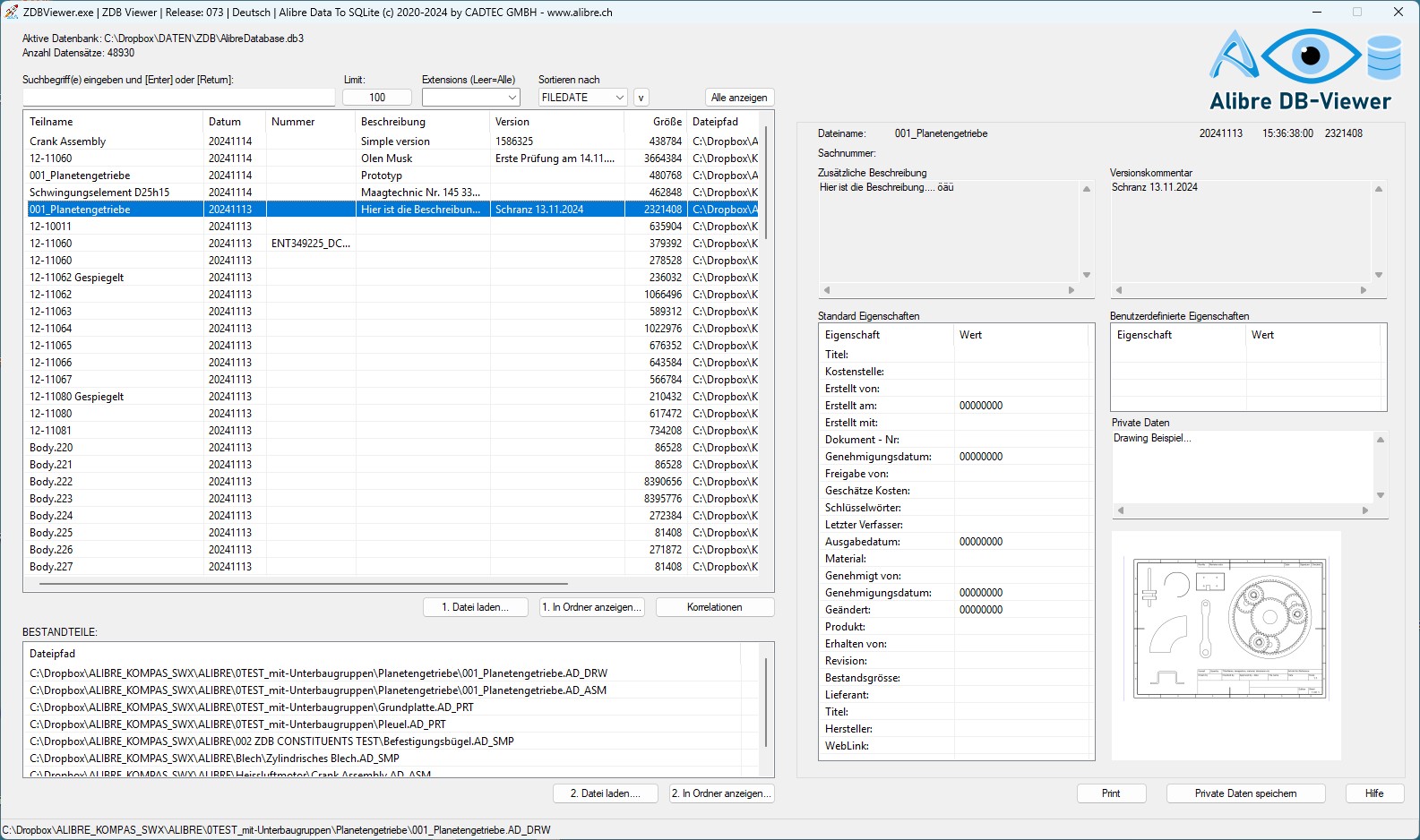 ZDBase sucht und findet alle Metadaten in den Alibre-Files