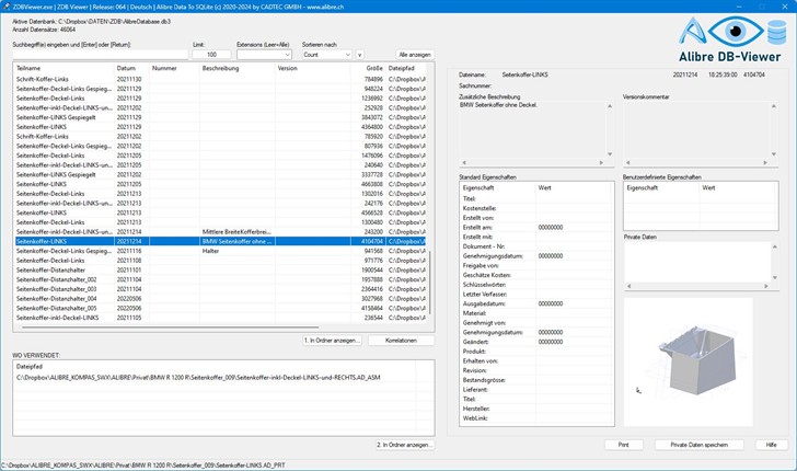 ZDBase Alibre Design Viewer with preview of 3D parts, assemblies, sheet metal parts and 2D drawings