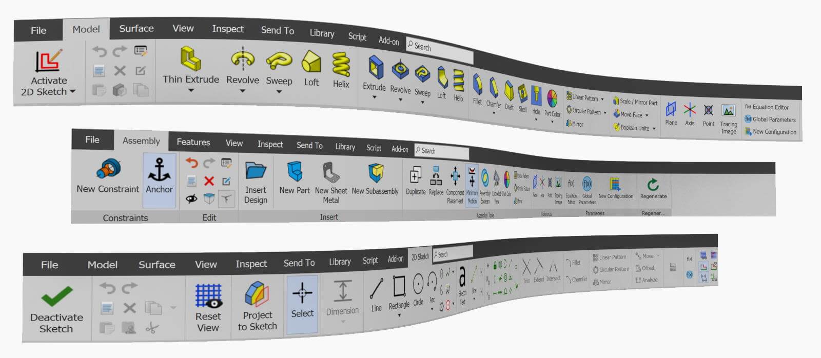 Verschiedene Beispiele für unterschiedliche Toolset-Ribbons, einschließlich Teilemodellierung, Montage und Skizzieren.
