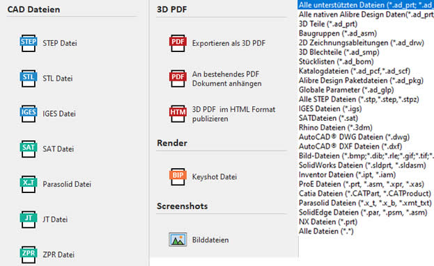 Alibre Design unterstützt die wichtigsten Datenformate anderer CAD-Programme Alibre Design unterstützt die wichtigsten Datenformate anderer CAD-Programme